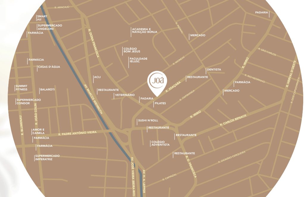 Mapa do entorno do Joá com escolas, mercados e restaurantes próximos